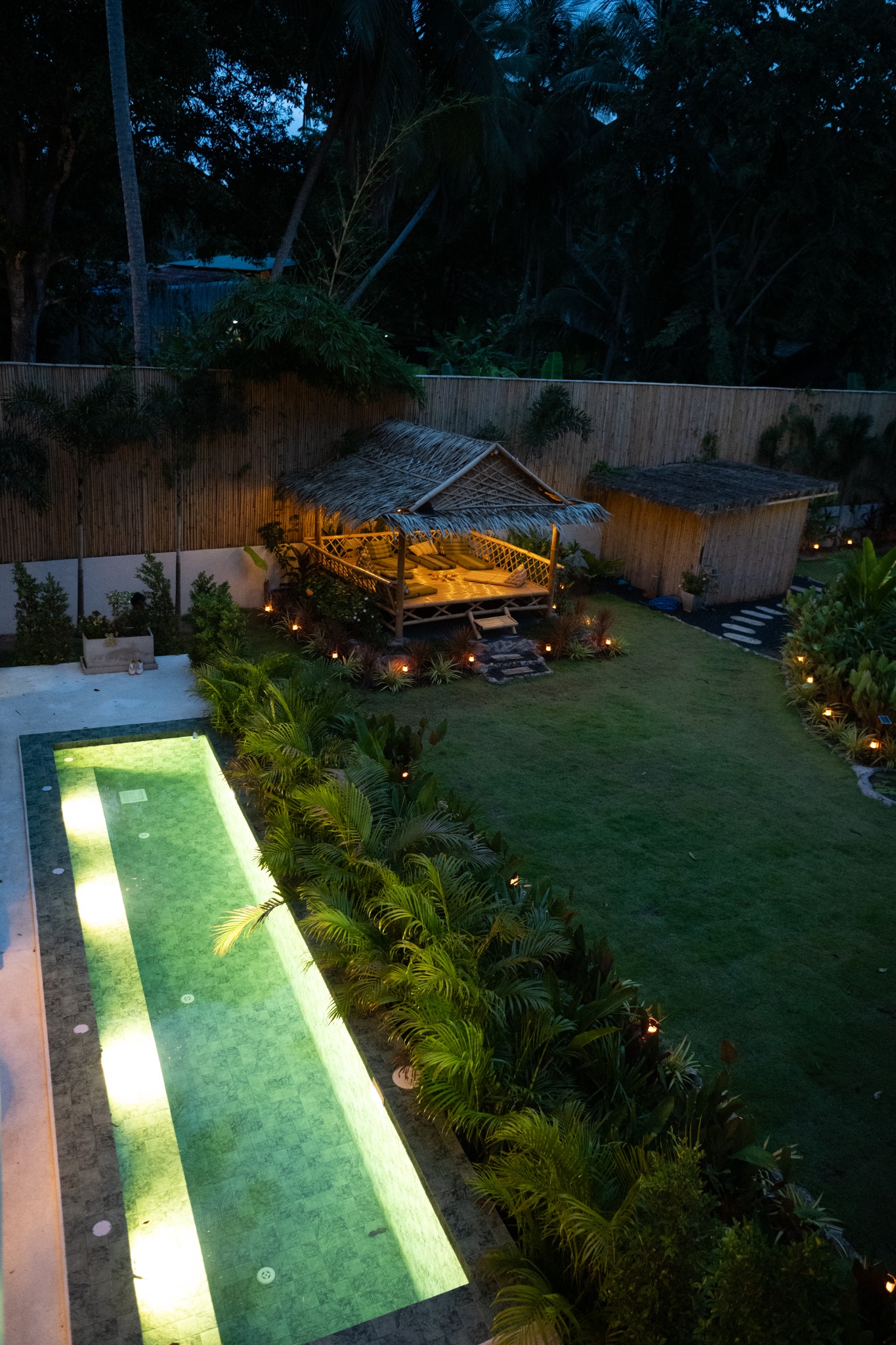 Pool and garden at dusk